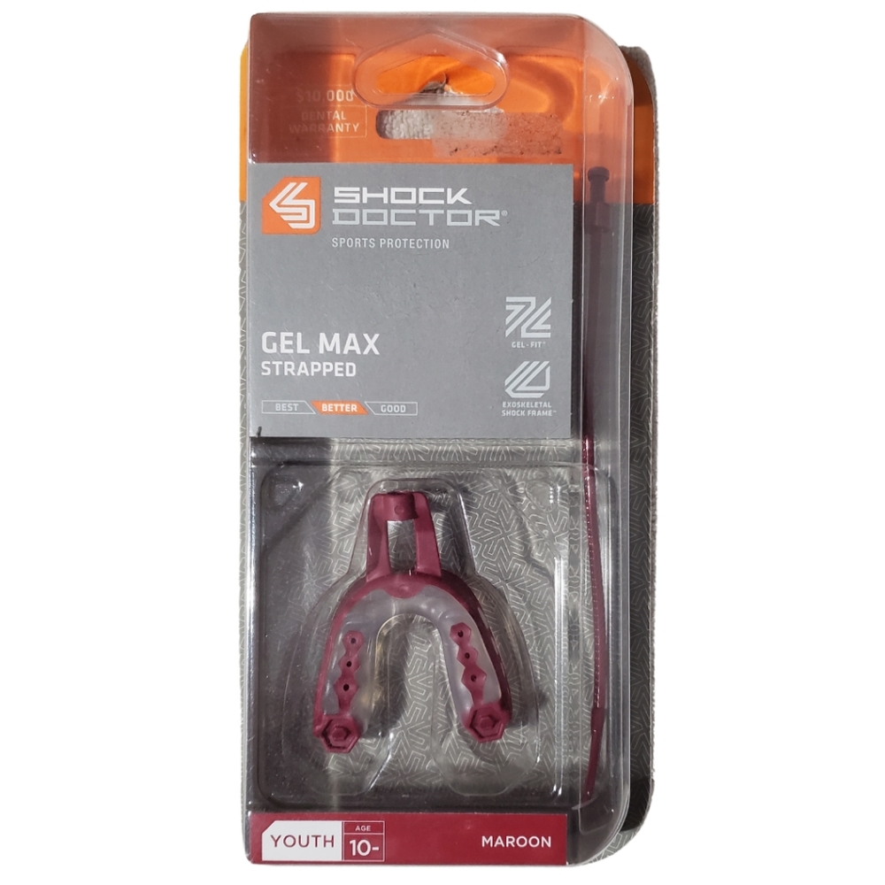 Shock Doctor Gel Max Strapped Youth Mouthguard Red Maroon Football #1 Size 10-